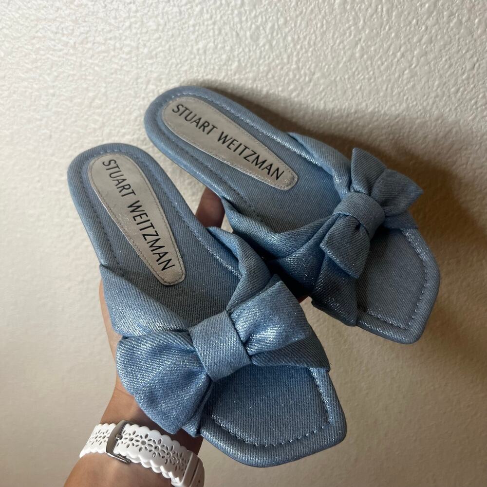 Stuart Weitzman Sofia Knotted Bow Slide Sandals blue metallic denim WOMENS 5.5